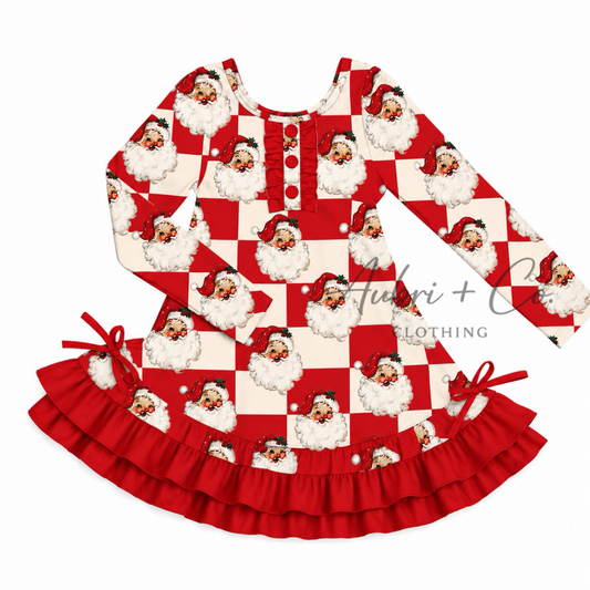 Retro Checker Santa Ruffle Pajama Dress