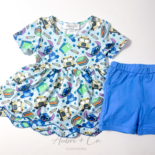 Blue School Alien Scallop Tunic Short Set