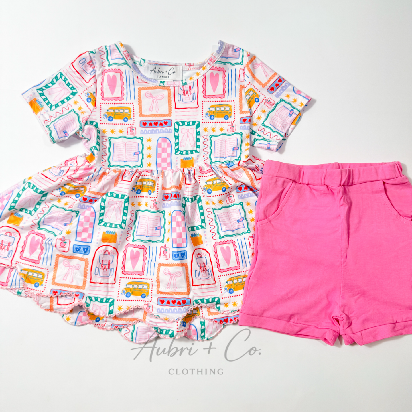 Pink School Doodles Scallop Tunic Short Set
