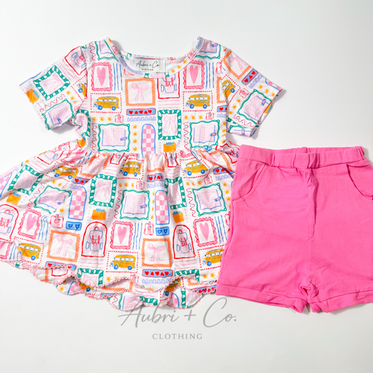 Pink School Doodles Scallop Tunic Short Set