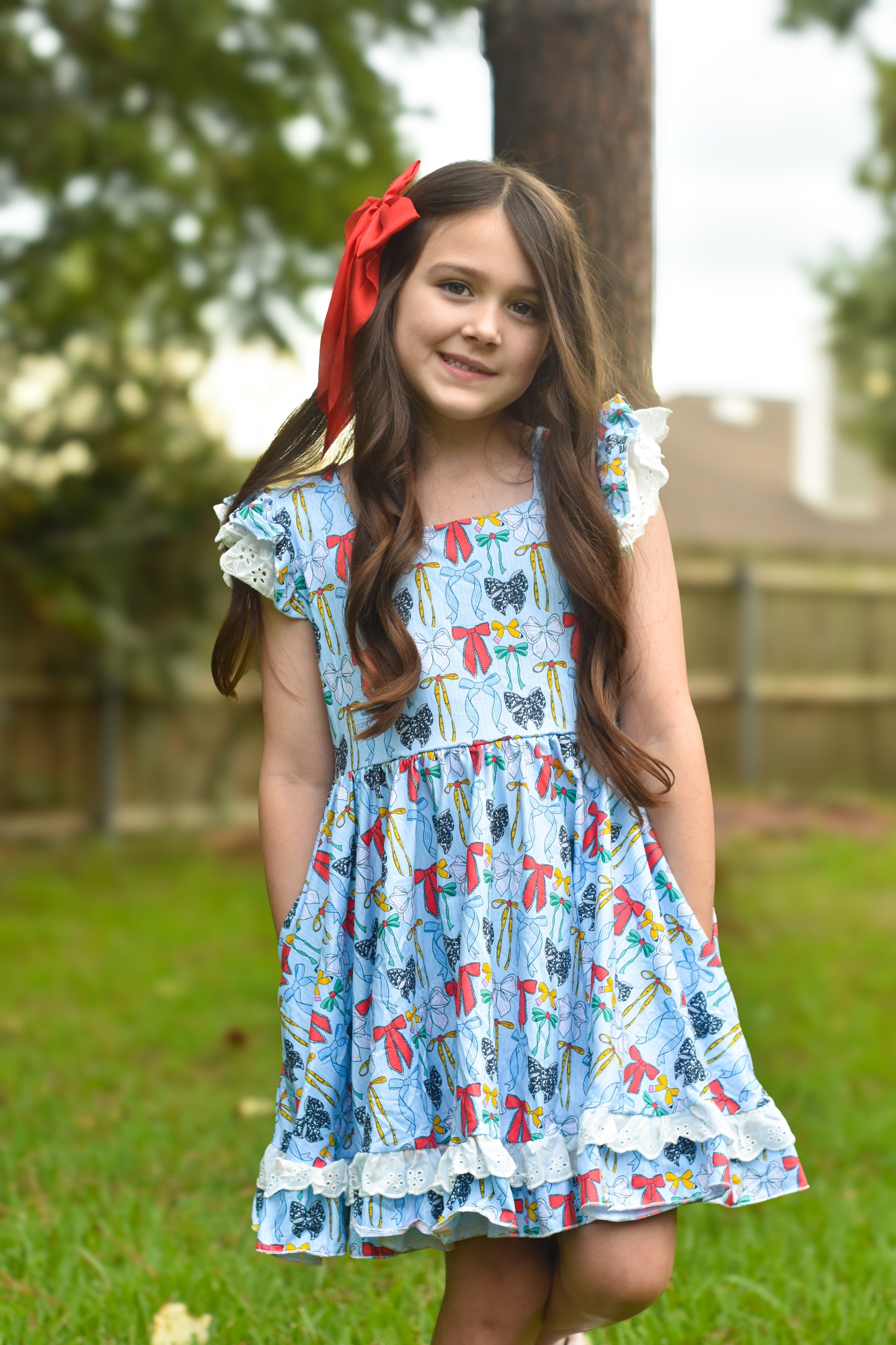 School Bows Lace Hidden Pocket Twirl Dress