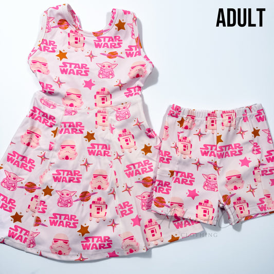 ADULT Pink Galaxy Athletic Yoga Dress + Short Set