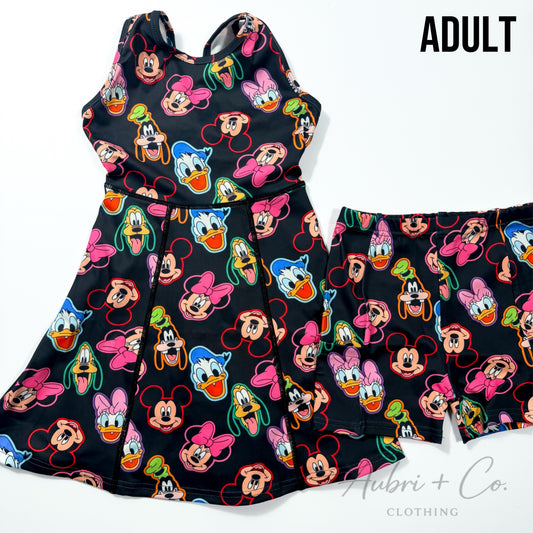 ADULT Neon Friends Athletic Yoga Dress + Short Set