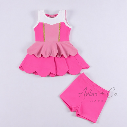 Sleeping Beauty Princess Bow Back Athletic Yoga Dress + Short Set AUG VAULT
