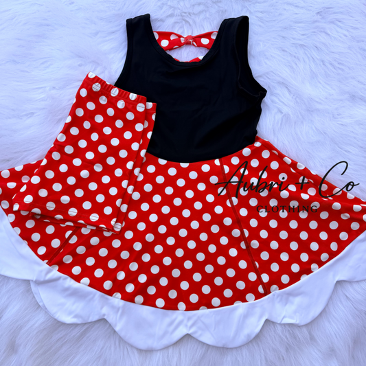 Red Polka Dot Bow Back Athletic Yoga Dress + Short Set