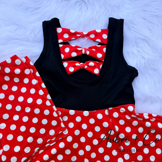 Red Polka Dot Bow Back Athletic Yoga Dress + Short Set